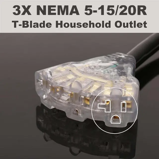 Alt view image 12 of 14 - 30 Amp to 110V RV/Generator Distribution Adapter Cord, NEMA TT-30P Male to 3X 5-15R/5-20R T-Blade Household Outlet Female with LED Power Indicator 3750W