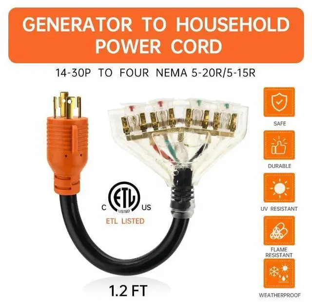 Alt view image 11 of 14 - 30 Amp to 110 Adapter RV Cord, 30 to 20 Amp Adapter, l14-30P Male to 4X 5-15R/5-20R T-Blade Household Outlet Female with Lighted Power Indicator UL Listed (L14-30P to 4X5-15R/5-20R)
