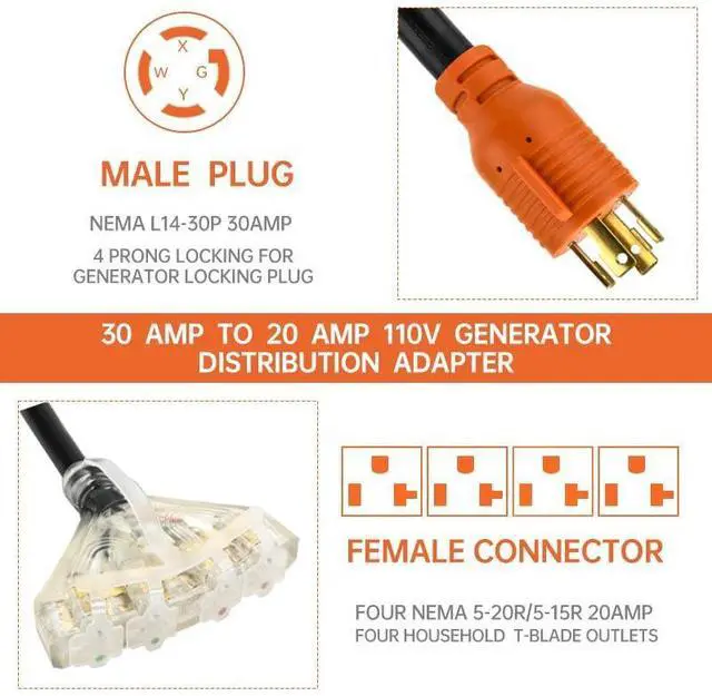 Alt view image 12 of 14 - 30 Amp to 110 Adapter RV Cord, 30 to 20 Amp Adapter, l14-30P Male to 4X 5-15R/5-20R T-Blade Household Outlet Female with Lighted Power Indicator UL Listed (L14-30P to 4X5-15R/5-20R)
