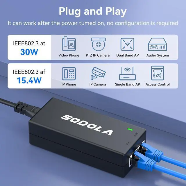 Alt view image 12 of 14 - Gigabit Power Over Ethernet Plus Injector, PoE+ (30W) Power Network Distances Up to 100M (328 ft.), 2.5Gb PoE Injector,30W Power Over Ethernet PoE Injector Adapter