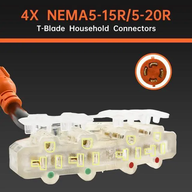 Alt view image 9 of 14 - 30 Amp to 110 Adapter RV Cord, 30 to 20 Amp Adapter, l14-30P Male to 4X 5-15R/5-20R T-Blade Household Outlet Female with Lighted Power Indicator UL Listed (L14-30P to 4X5-15R/5-20R)