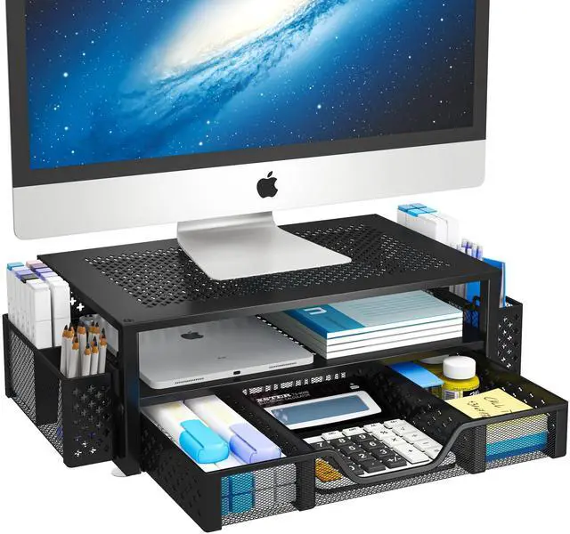 Alt view image 8 of 14 - Desk Organizer and Accessories, 2 Tier Computer Metal Monitor Stand Riser with Drawer and Pen Holder for Laptop, Computer, iMac, Black
