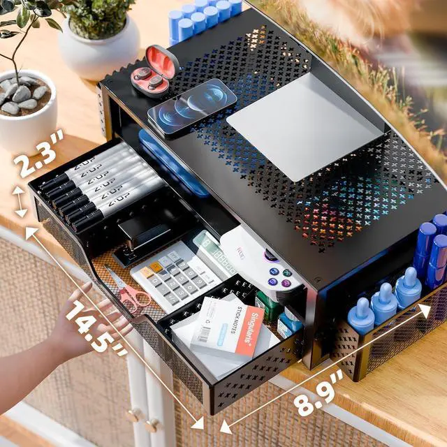 Alt view image 12 of 14 - Desk Organizer and Accessories, 2 Tier Computer Metal Monitor Stand Riser with Drawer and Pen Holder for Laptop, Computer, iMac, Black