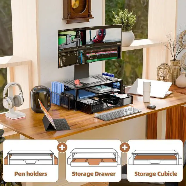 Alt view image 11 of 14 - Desk Organizer and Accessories, 2 Tier Computer Metal Monitor Stand Riser with Drawer and Pen Holder for Laptop, Computer, iMac, Black
