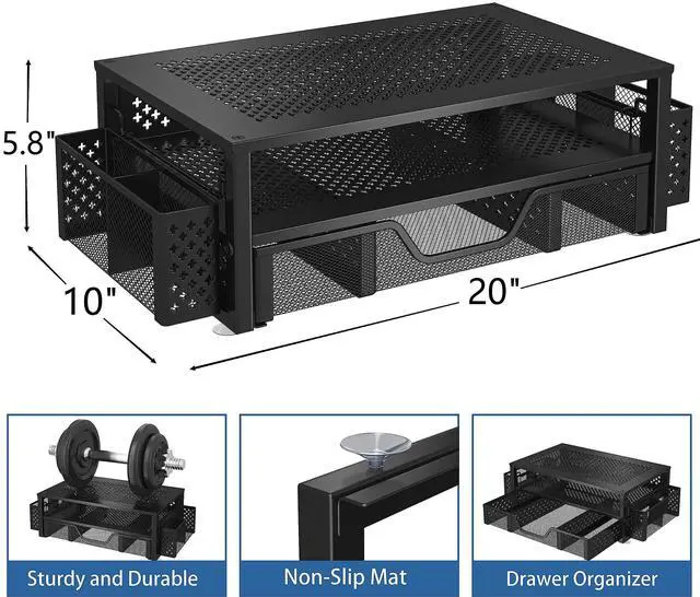 Alt view image 10 of 14 - Desk Organizer and Accessories, 2 Tier Computer Metal Monitor Stand Riser with Drawer and Pen Holder for Laptop, Computer, iMac, Black
