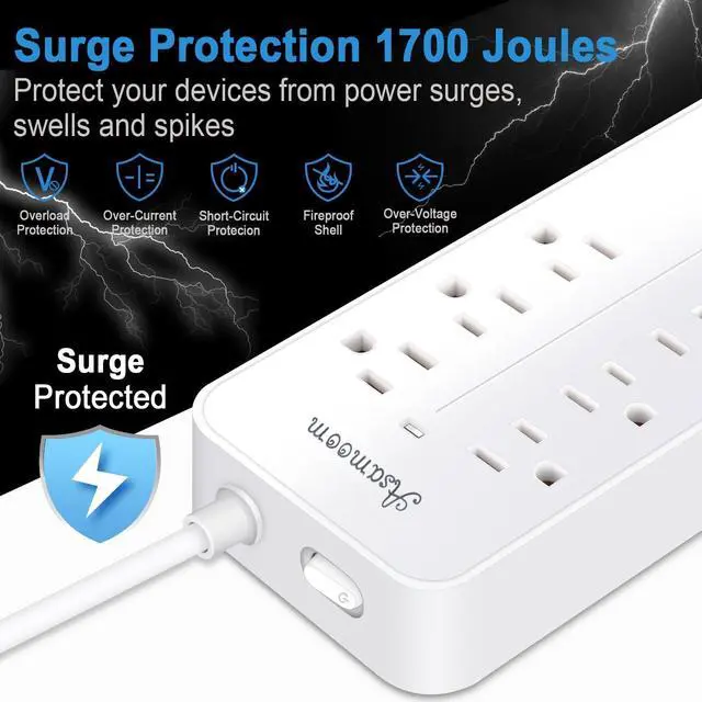Alt view image 12 of 14 - 25FT Surge Protector Power Strip Extension Cord with USB C, Asamoom Flat Plug Power Strip with Long Cord, 8 Outlets and 4 USB Port,1700J Surge Protector for Home Office White, ETL Listed