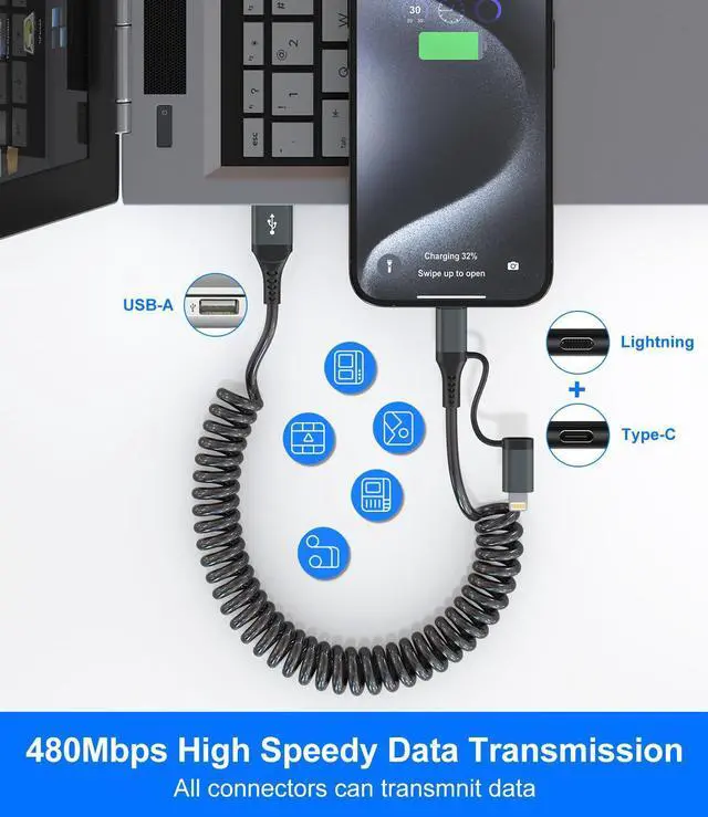 Alt view image 12 of 14 - USB to USB C and Lightning Cable Support Apple Carplay & Android Auto - 3A Fast Charge & 480Mbps Data Sync Coiled Lightning Cable USB C iPhone Charger Cord for iPhone 16 15 14 13 12 11 Android