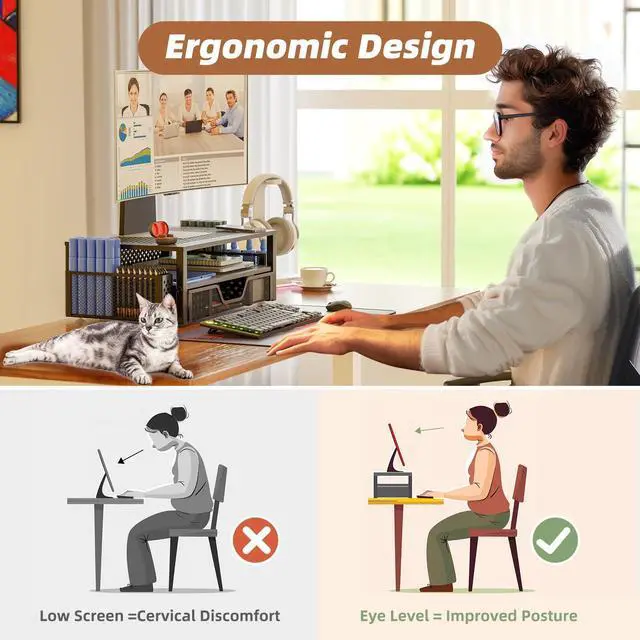 Alt view image 14 of 14 - Desk Organizer and Accessories, 2 Tier Computer Metal Monitor Stand Riser with Drawer and Pen Holder for Laptop, Computer, iMac, Black