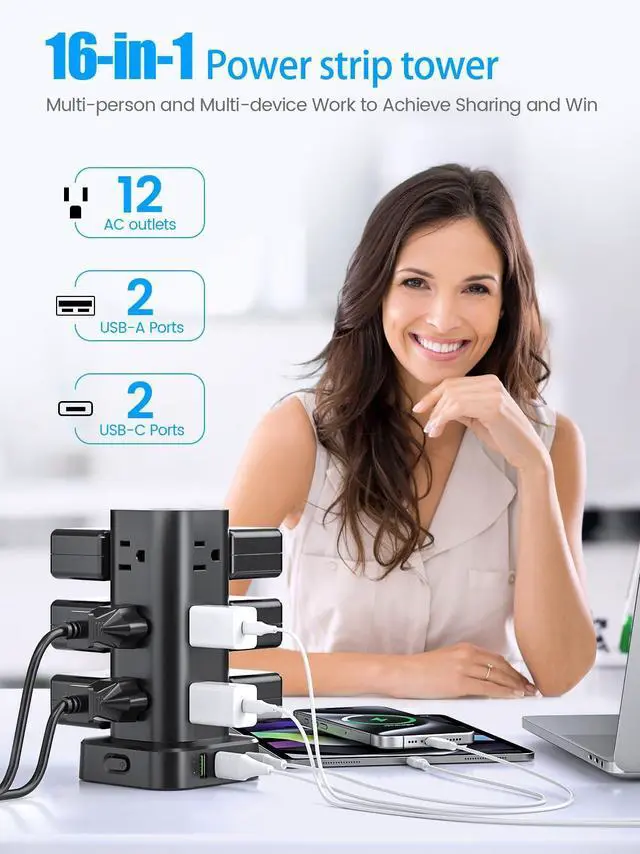 Alt view image 9 of 14 - Flat Plug Power Strip Tower Surge Protector, 10FT Flat Extension Cord with Multiple Outlets, 12 AC Outlets, 4 USB Ports (2 USB C) Charging Station for Office Home Dorm Room Travel (Black)