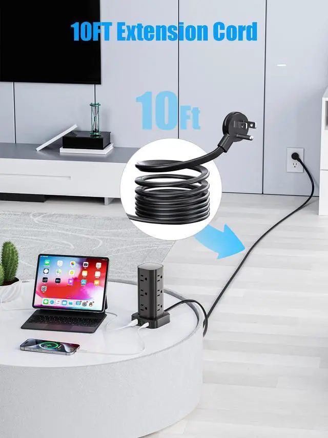 Alt view image 13 of 14 - Flat Plug Power Strip Tower Surge Protector, 10FT Flat Extension Cord with Multiple Outlets, 12 AC Outlets, 4 USB Ports (2 USB C) Charging Station for Office Home Dorm Room Travel (Black)