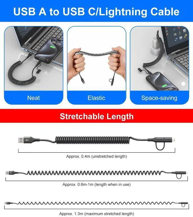 Alt view image 14 of 14 - USB to USB C and Lightning Cable Support Apple Carplay & Android Auto - 3A Fast Charge & 480Mbps Data Sync Coiled Lightning Cable USB C iPhone Charger Cord for iPhone 16 15 14 13 12 11 Android