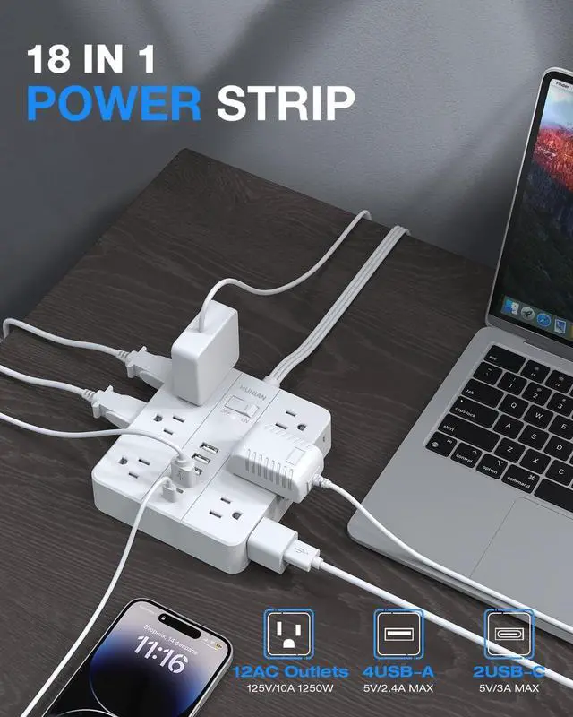 Alt view image 9 of 14 - Surge Protector Power Strip, 5 Ft Flat Plug Extension Cord with 12 Widely Spaced Multiple Outlets 6 USB (2 USB C Ports), Outlet Extender with Power Switch for Home Office Supplies, White