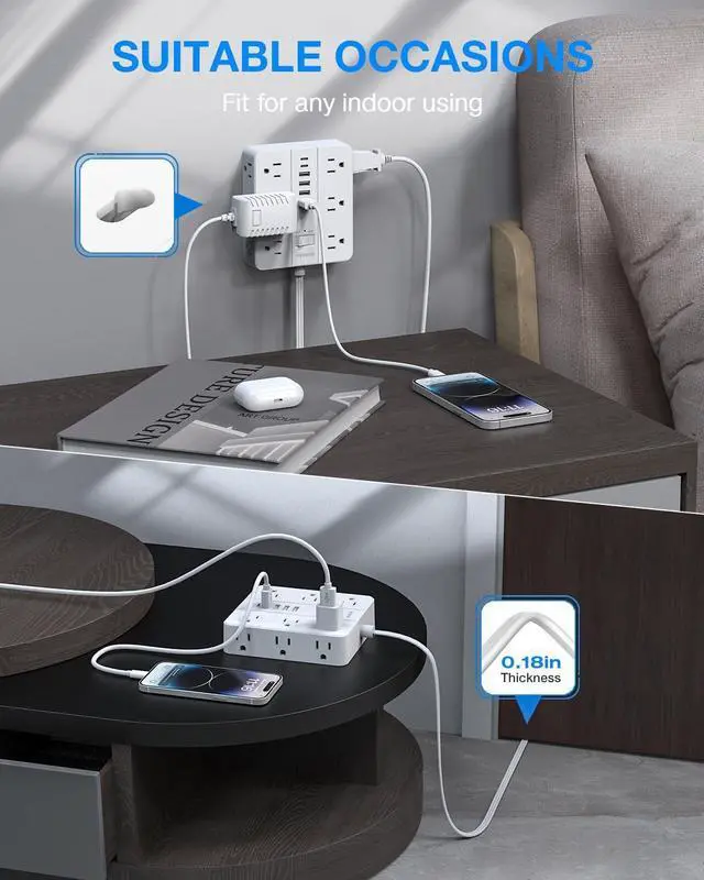 Alt view image 12 of 14 - Surge Protector Power Strip, 5 Ft Flat Plug Extension Cord with 12 Widely Spaced Multiple Outlets 6 USB (2 USB C Ports), Outlet Extender with Power Switch for Home Office Supplies, White