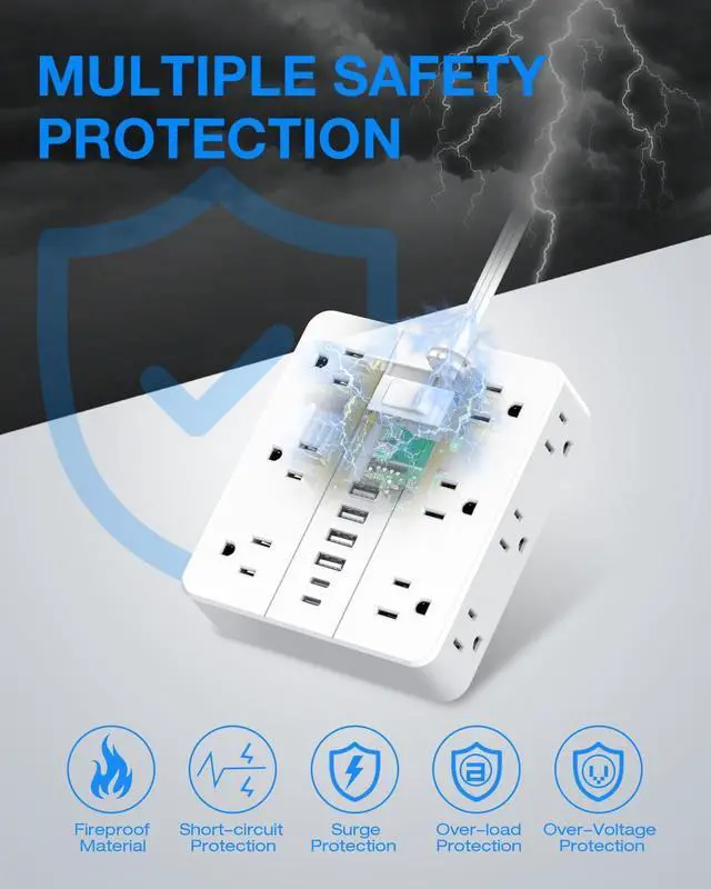 Alt view image 13 of 14 - Surge Protector Power Strip, 5 Ft Flat Plug Extension Cord with 12 Widely Spaced Multiple Outlets 6 USB (2 USB C Ports), Outlet Extender with Power Switch for Home Office Supplies, White