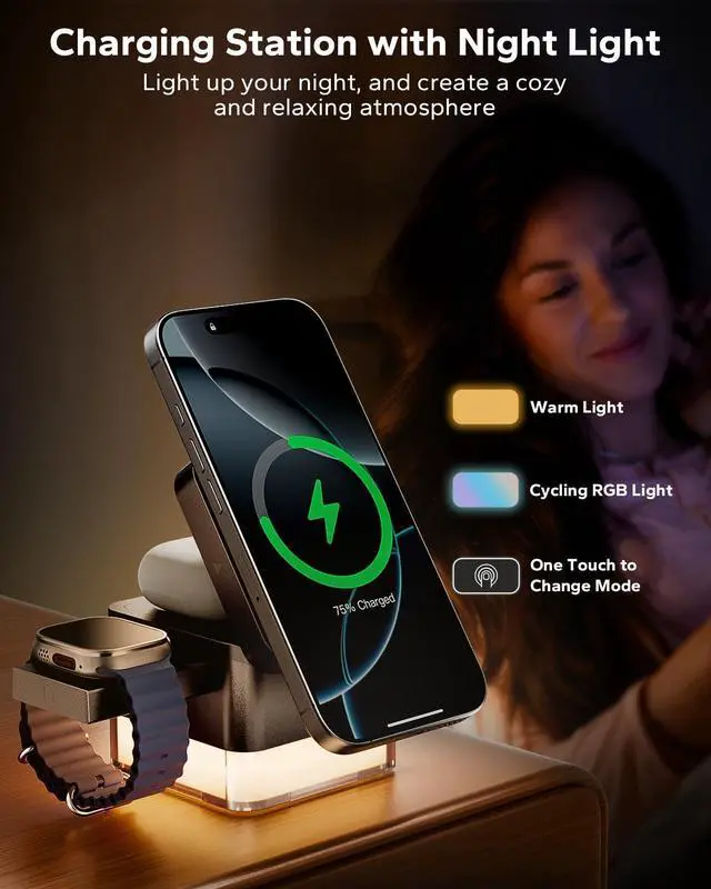 Alt view image 10 of 14 - for iPhone Nightstand Charging Station,15W 3 in 1 Wireless Phone Charger Stand with Night Lamp, Travel Foldable Magnetic Cube Magsafe Dock for iPhone 17 16 15 14 13 12 Series/Apple Watch/Airpods