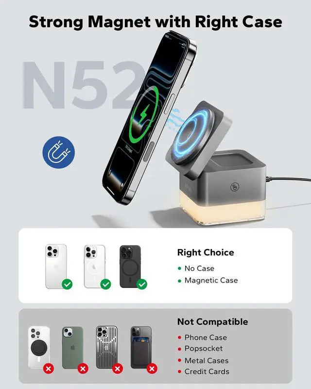 Alt view image 14 of 14 - for iPhone Nightstand Charging Station,15W 3 in 1 Wireless Phone Charger Stand with Night Lamp, Travel Foldable Magnetic Cube Magsafe Dock for iPhone 17 16 15 14 13 12 Series/Apple Watch/Airpods