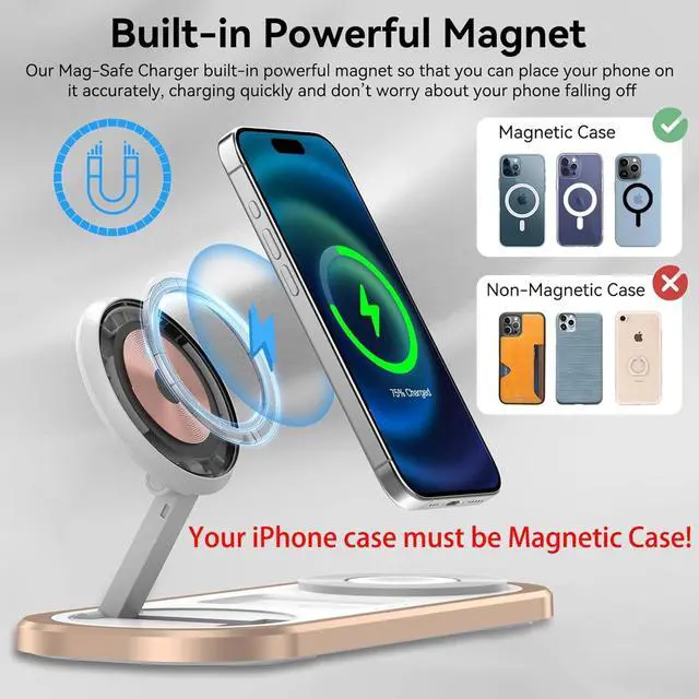 Alt view image 11 of 14 - 3 in 1 Fast Wireless Charger Stand for iPhone, Foldable Travel Charging Station for Magsafe for iPhone 17/Air/16/15/14/13/12 Series, Apple Watch Series, AirPods pro/2/3/4, Gifts for Women Men (Golden)