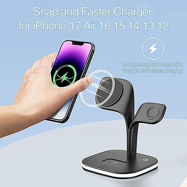 Alt view image 9 of 14 - Wireless Charging Station for Magsafe Charger,Charging Station for Multiple Devices,Wireless Charger for iPhone 17 Air 16 15 14 13 12,Apple Watch,AirPods with LED(Black)