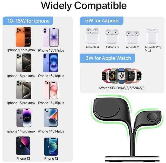 Alt view image 10 of 14 - Wireless Charging Station for Magsafe Charger,Charging Station for Multiple Devices,Wireless Charger for iPhone 17 Air 16 15 14 13 12,Apple Watch,AirPods with LED(Black)