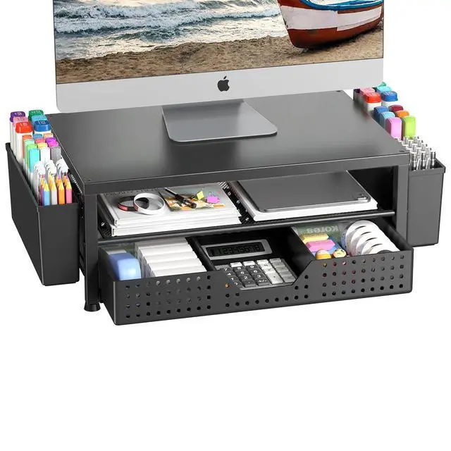 Alt view image 8 of 14 - Wood Monitor Stand Riser, Laptop Stand for Desk, Office Desk Organizer and Accessories, Computer Desktop Shelf with Drawer and Pen Holder, Printer Stand for Home, Office, Dorm (Black Wood)