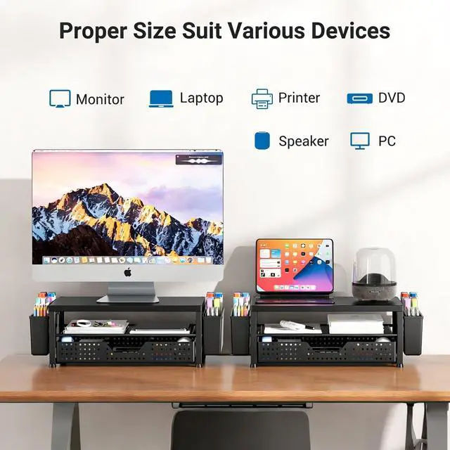 Alt view image 10 of 14 - Wood Monitor Stand Riser, Laptop Stand for Desk, Office Desk Organizer and Accessories, Computer Desktop Shelf with Drawer and Pen Holder, Printer Stand for Home, Office, Dorm (Black Wood)