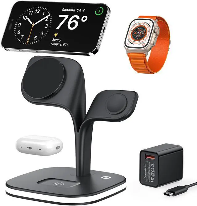Alt view image 8 of 14 - Wireless Charging Station for Magsafe Charger,Charging Station for Multiple Devices,Wireless Charger for iPhone 17 Air 16 15 14 13 12,Apple Watch,AirPods with LED(Black)