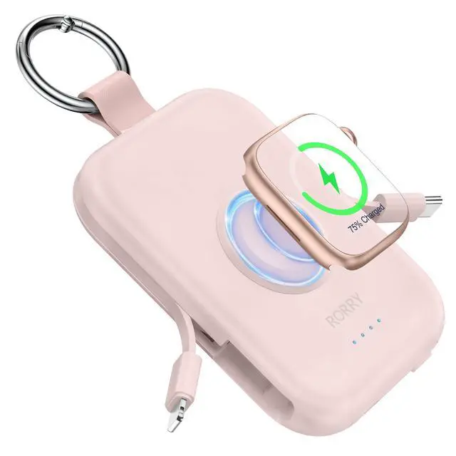 Alt view image 12 of 12 - Portable Charger, 5000mAh Portable Charger Power Bank with Built-in Cables, Travel Keychain Battery Pack for Apple Watch Ultra/11/10/9/8/7/6/SE, iPhone Air/17/16/15/14/13/12, Pink