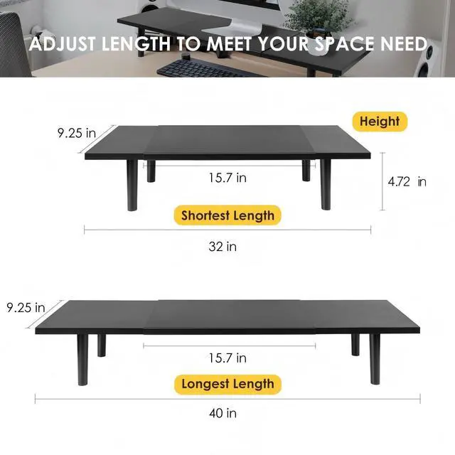 Alt view image 10 of 14 - Dual-Monitor-Stand-Riser-For-Desk Adjustable Length 32-40 InchLarge Desktop Computer Monitor Riser For 2 ScreensDesk Shelf Organizer Riser Stand For Computer/Laptop/PC/Printer/TV Black