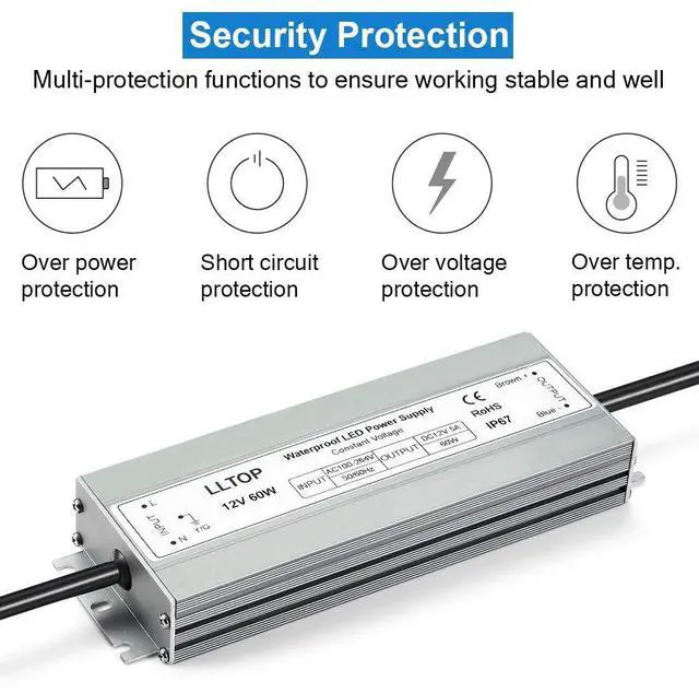 Alt view image 9 of 14 - LED Driver 60 Watts Waterproof IP67 Power Supply AC100-264V to 12V DC 5A Low Voltage Transformer Ultra Thin Adapter for Outdoor LED Lights, Computer Project