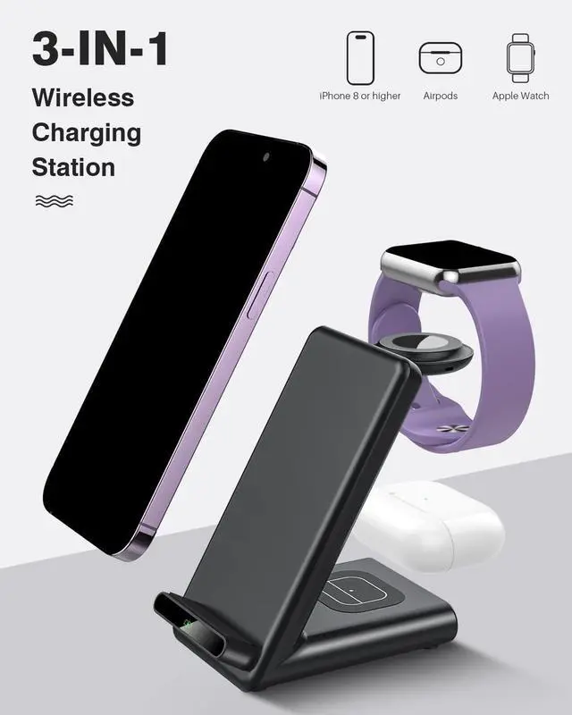 Alt view image 10 of 14 - Wireless Charging Station,3 in 1 Charging Stand Made for Apple Watch Ultra 11 10 9 8 7 6 SE 5 4 3,Fast Wireless Charger Made for iPhone 17/Air/16/15/14/13/12,for AirPods Pro(with Adapter) (Black)