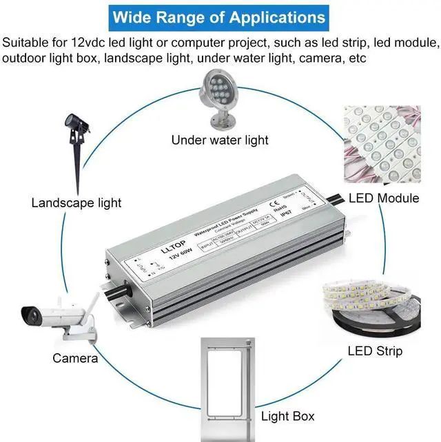 Alt view image 13 of 14 - LED Driver 60 Watts Waterproof IP67 Power Supply AC100-264V to 12V DC 5A Low Voltage Transformer Ultra Thin Adapter for Outdoor LED Lights, Computer Project
