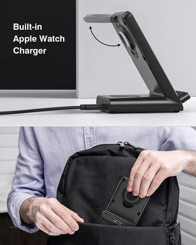 Alt view image 11 of 14 - Wireless Charging Station,3 in 1 Charging Stand Made for Apple Watch Ultra 11 10 9 8 7 6 SE 5 4 3,Fast Wireless Charger Made for iPhone 17/Air/16/15/14/13/12,for AirPods Pro(with Adapter) (Black)