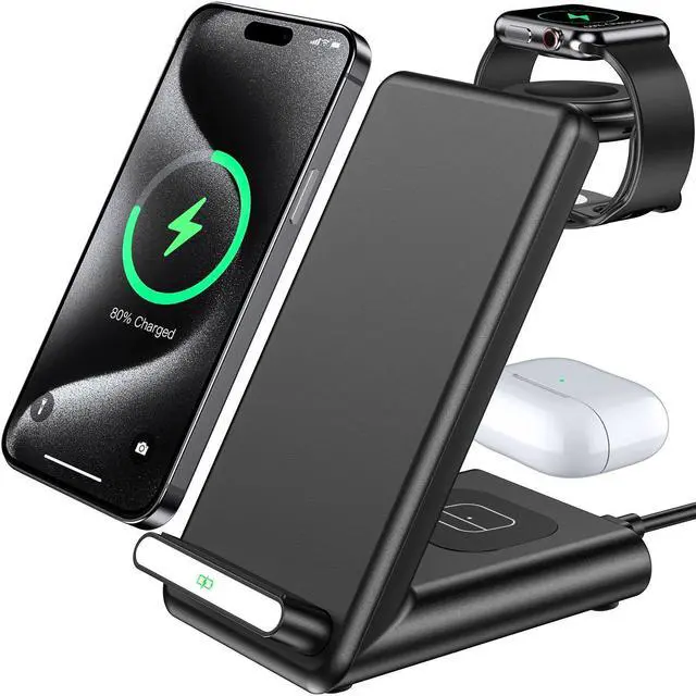 Alt view image 8 of 14 - Wireless Charging Station,3 in 1 Charging Stand Made for Apple Watch Ultra 11 10 9 8 7 6 SE 5 4 3,Fast Wireless Charger Made for iPhone 17/Air/16/15/14/13/12,for AirPods Pro(with Adapter) (Black)