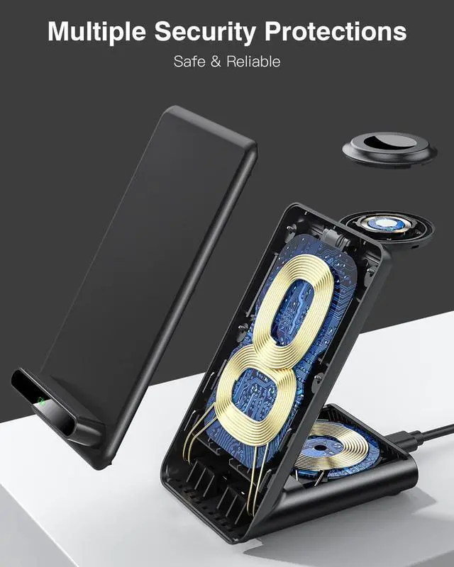 Alt view image 12 of 14 - Wireless Charging Station,3 in 1 Charging Stand Made for Apple Watch Ultra 11 10 9 8 7 6 SE 5 4 3,Fast Wireless Charger Made for iPhone 17/Air/16/15/14/13/12,for AirPods Pro(with Adapter) (Black)