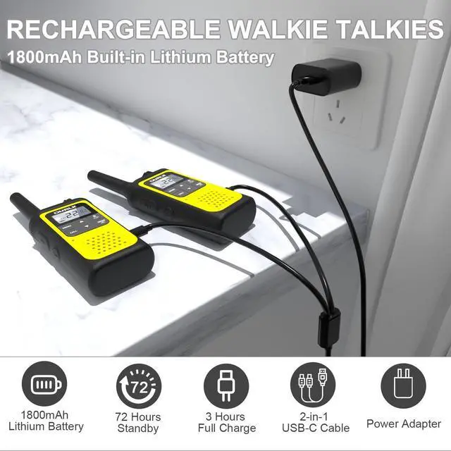 Alt view image 9 of 14 - Walkie Talkies Long Range for Adults - 2 Pack Rechargeable Walkie Talkies Two Way Radios 22 FRS Channels, NOAA Weather Alerts, 1800mAh Li-ion Battery, LED Flashlight, VOX for Hiking Camping (Yellow)