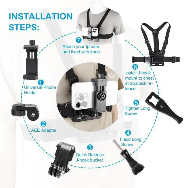 Alt view image 13 of 14 - Mobile Phone Chest Strap Harness Mount Head Strap Holder Kit for POV/VLOG,Cell Phone Clip Compatible with iPhone,Samsung,GoPro Hero 9, 8,7, 6, 5, 4, 3,2, 1,AKASO,DJI Osmo,and Action Cameras