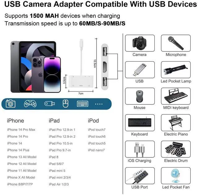 Alt view image 12 of 14 - Lightning to HDMI Adapter with USB Camera and Charging Port, SD Card Reader for iPhone, 6 in 1 Camera Adapter to iPhone, Supports MIDI Keyboard, Mouse, HD TV/Projector/Monitor, Plug & Play