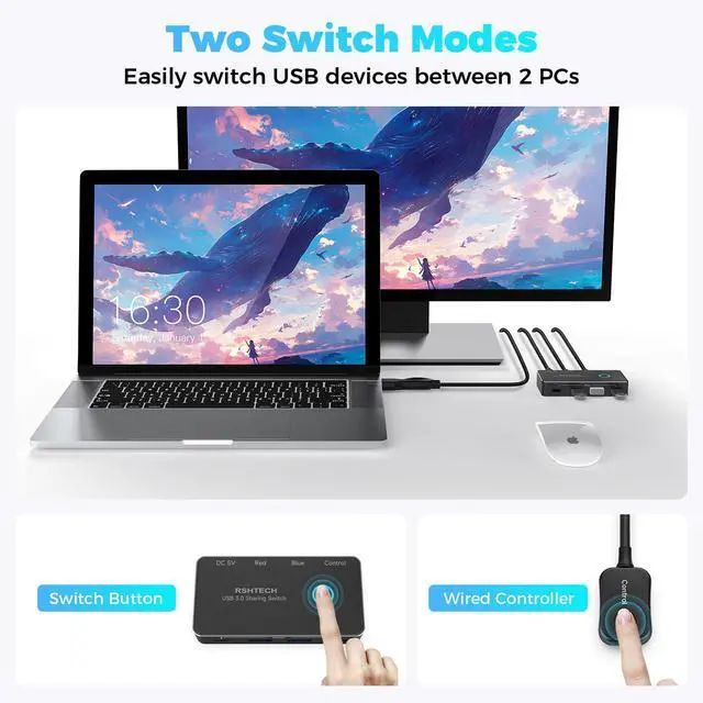 Alt view image 14 of 14 - USB 3.0/USB C Switch 2 Computers Share 4 USB 3.0 Data Ports(3 USB-A+1 USB-C), USB Switcher Selector with 2 Cables and Controller for PC Laptop Keyboard Mouse and Printer