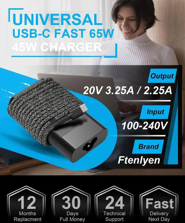 Alt view image 9 of 14 - 2025 New Slim 65W USB C Laptop Charger for HP OmniBook 5 7 X Flip 16" 14" 17.3 inch AI PC, Spectre Envy X360 EliteBook Chromebook Zbook ProBook Elite Pavilion AC Adapter Power Cord Supply
