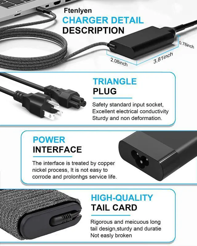Alt view image 13 of 14 - 2025 New Slim 65W USB C Laptop Charger for HP OmniBook 5 7 X Flip 16" 14" 17.3 inch AI PC, Spectre Envy X360 EliteBook Chromebook Zbook ProBook Elite Pavilion AC Adapter Power Cord Supply