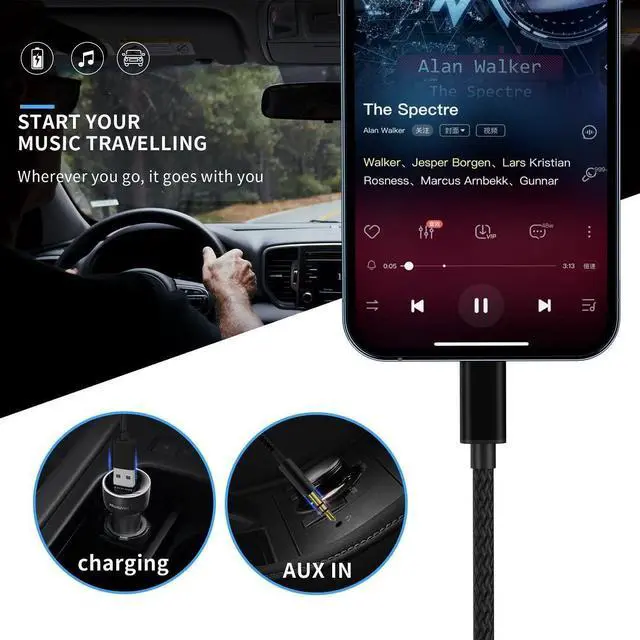 Alt view image 8 of 12 - Audio Charging Cable 2in1 Car AUX Cord Compatible with Phone 12 11 SE XS XR X 8 7, Audio and USB A Charging Adapter Works with Car Stereo/Speaker/Headphone which is with 3.5mm AUX Jack. Black 3.49Ft