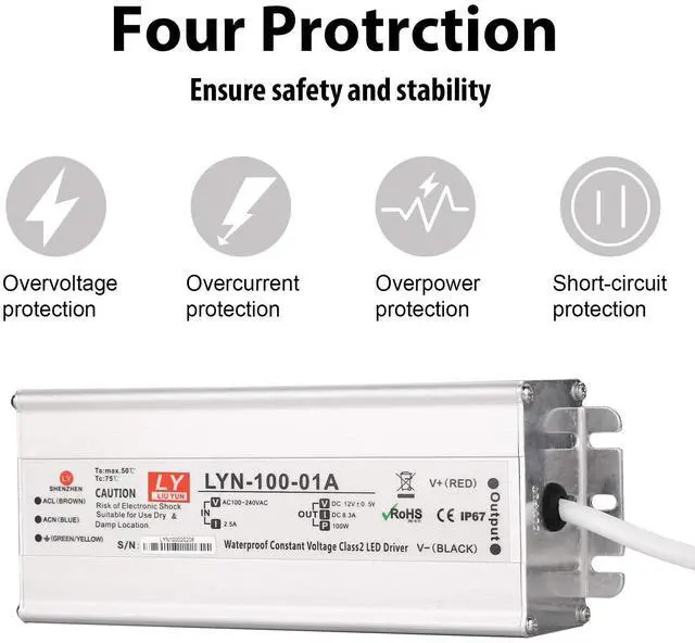 Alt view image 13 of 14 - LED Driver 100 Watts 110V AC to 12V DC Low Voltage Output, IP67 Waterproof Power Low Voltage Transformer Adapter with 3 pin Plug LED Cable for LED Light bar, Indoor and Outdoor Light String