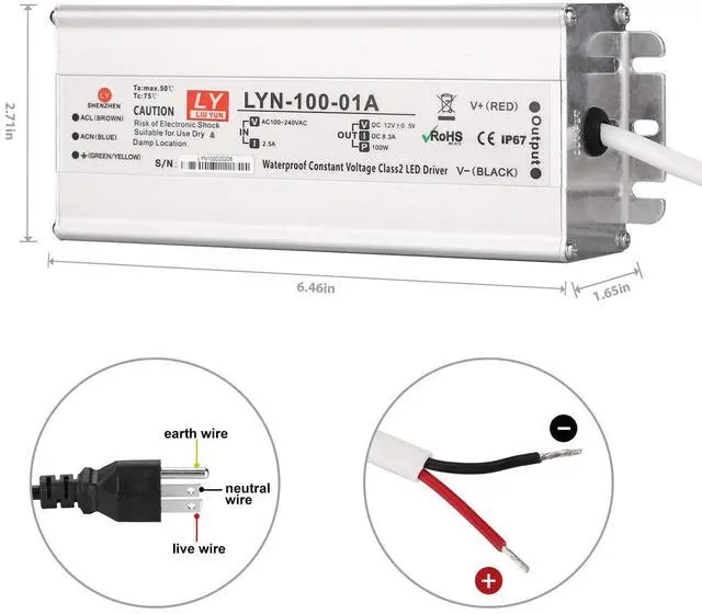 Alt view image 12 of 14 - LED Driver 100 Watts 110V AC to 12V DC Low Voltage Output, IP67 Waterproof Power Low Voltage Transformer Adapter with 3 pin Plug LED Cable for LED Light bar, Indoor and Outdoor Light String