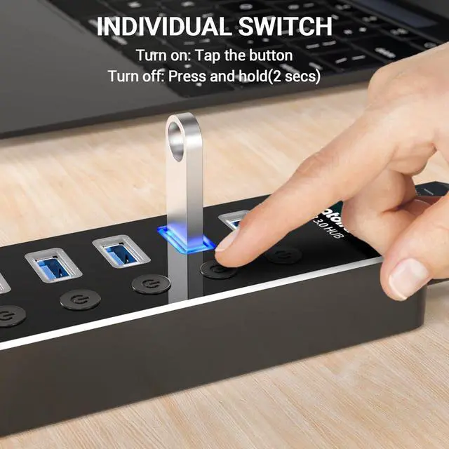 Alt view image 11 of 14 - Powered USB Hub, Aluminum 5-Port USB 3.0 Hub with 4 USB 3.0 Data Ports and 1 USB Smart Charging Port, USB Splitter with 5V/3A Power Adapter and Individual Switches