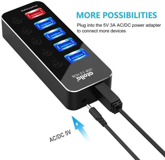 Alt view image 13 of 14 - Powered USB Hub, Aluminum 5-Port USB 3.0 Hub with 4 USB 3.0 Data Ports and 1 USB Smart Charging Port, USB Splitter with 5V/3A Power Adapter and Individual Switches