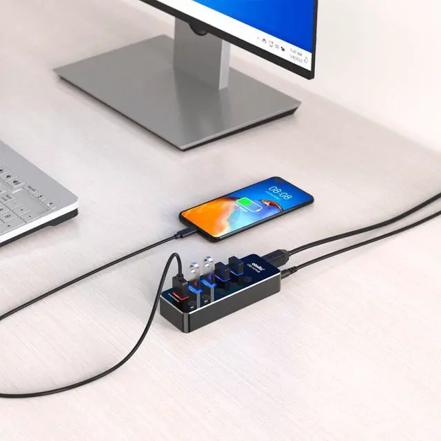 Alt view image 14 of 14 - Powered USB Hub, Aluminum 5-Port USB 3.0 Hub with 4 USB 3.0 Data Ports and 1 USB Smart Charging Port, USB Splitter with 5V/3A Power Adapter and Individual Switches
