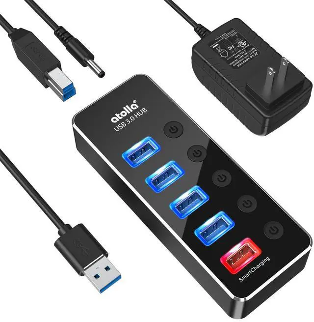 Alt view image 8 of 14 - Powered USB Hub, Aluminum 5-Port USB 3.0 Hub with 4 USB 3.0 Data Ports and 1 USB Smart Charging Port, USB Splitter with 5V/3A Power Adapter and Individual Switches