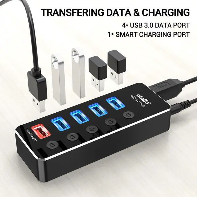 Alt view image 10 of 14 - Powered USB Hub, Aluminum 5-Port USB 3.0 Hub with 4 USB 3.0 Data Ports and 1 USB Smart Charging Port, USB Splitter with 5V/3A Power Adapter and Individual Switches