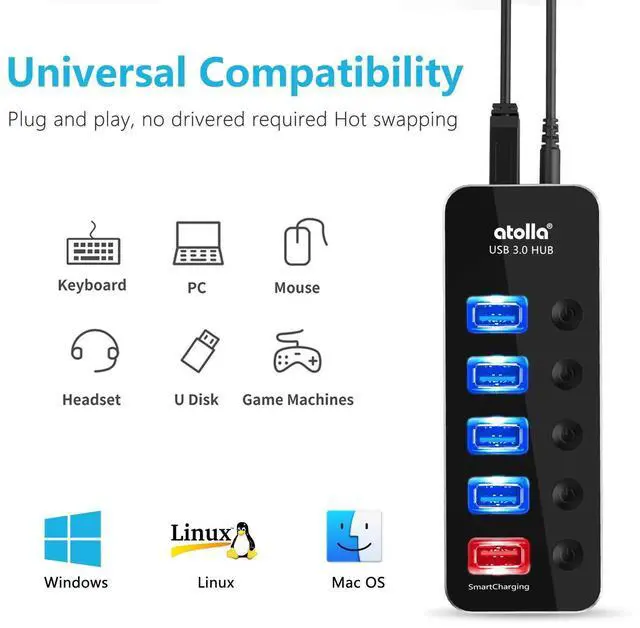 Alt view image 12 of 14 - Powered USB Hub, Aluminum 5-Port USB 3.0 Hub with 4 USB 3.0 Data Ports and 1 USB Smart Charging Port, USB Splitter with 5V/3A Power Adapter and Individual Switches