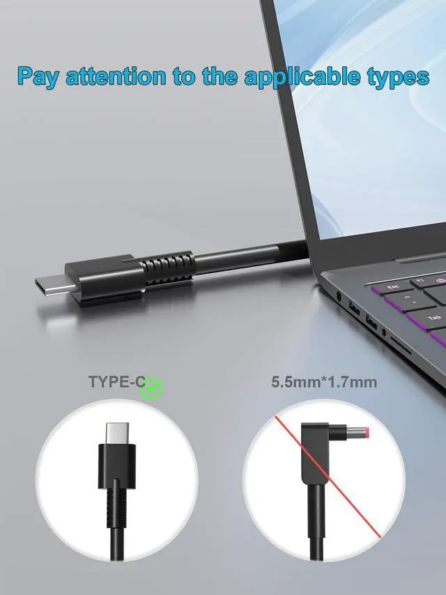 Alt view image 9 of 14 - 65W USB C Charger Compatible with HP ProBook 460 465 430 435 440 445 450 455 630 635 640 445R 455R G6 G7 G8 G9 G10 G11 G4 G5 Pro c640 c645 Fortis x360 11 14 Chromebook Firefly 14 16 Laptop